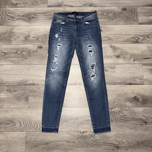 Judy Blue Low Rise Distressed Raw Hem Skinny Fit Jeans Faded Medium Wash Sz 9/29 - Picture 1 of 7
